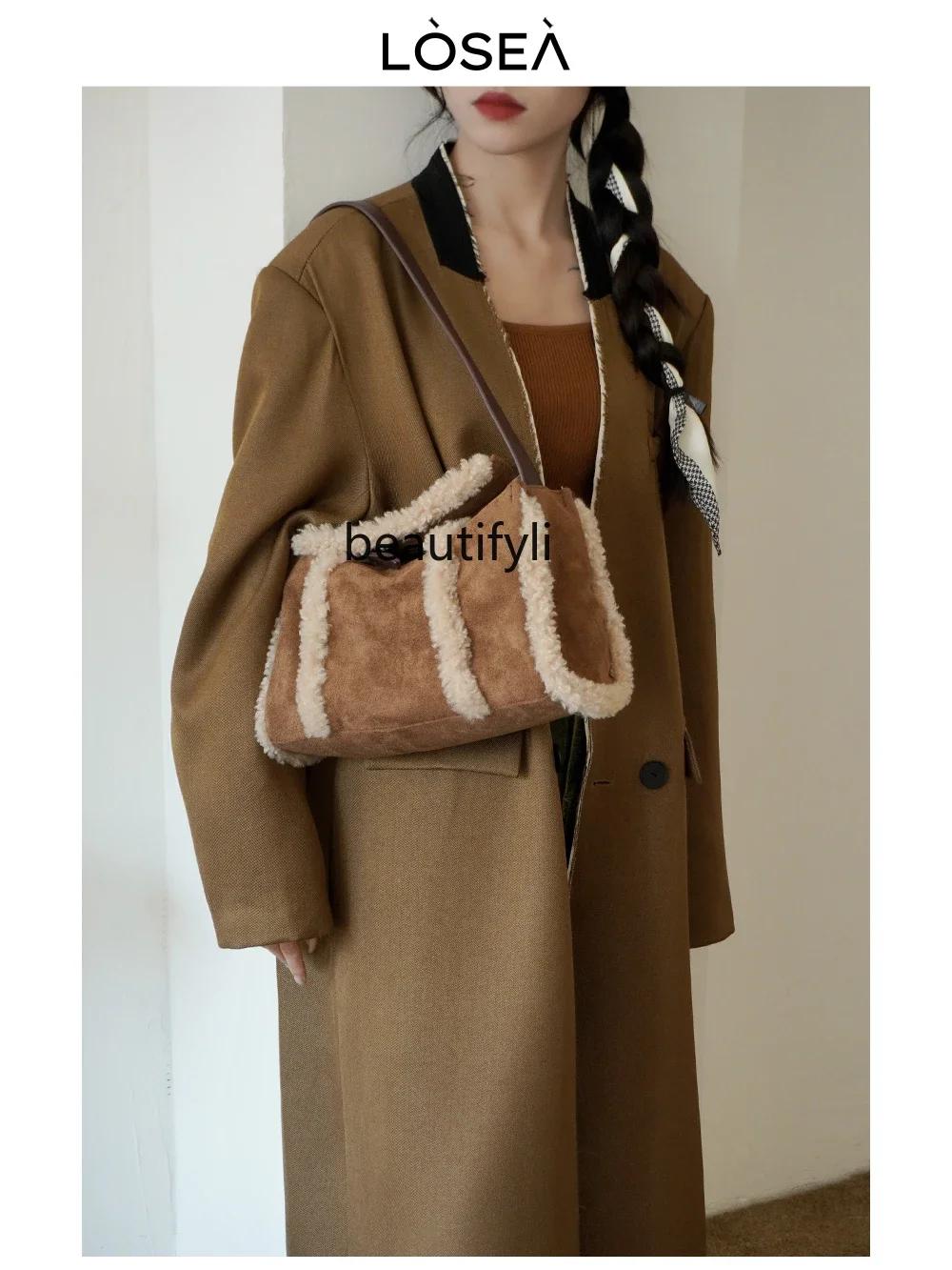 Lamb wool splicing armpit bag autumn and winter new shoulder bag women