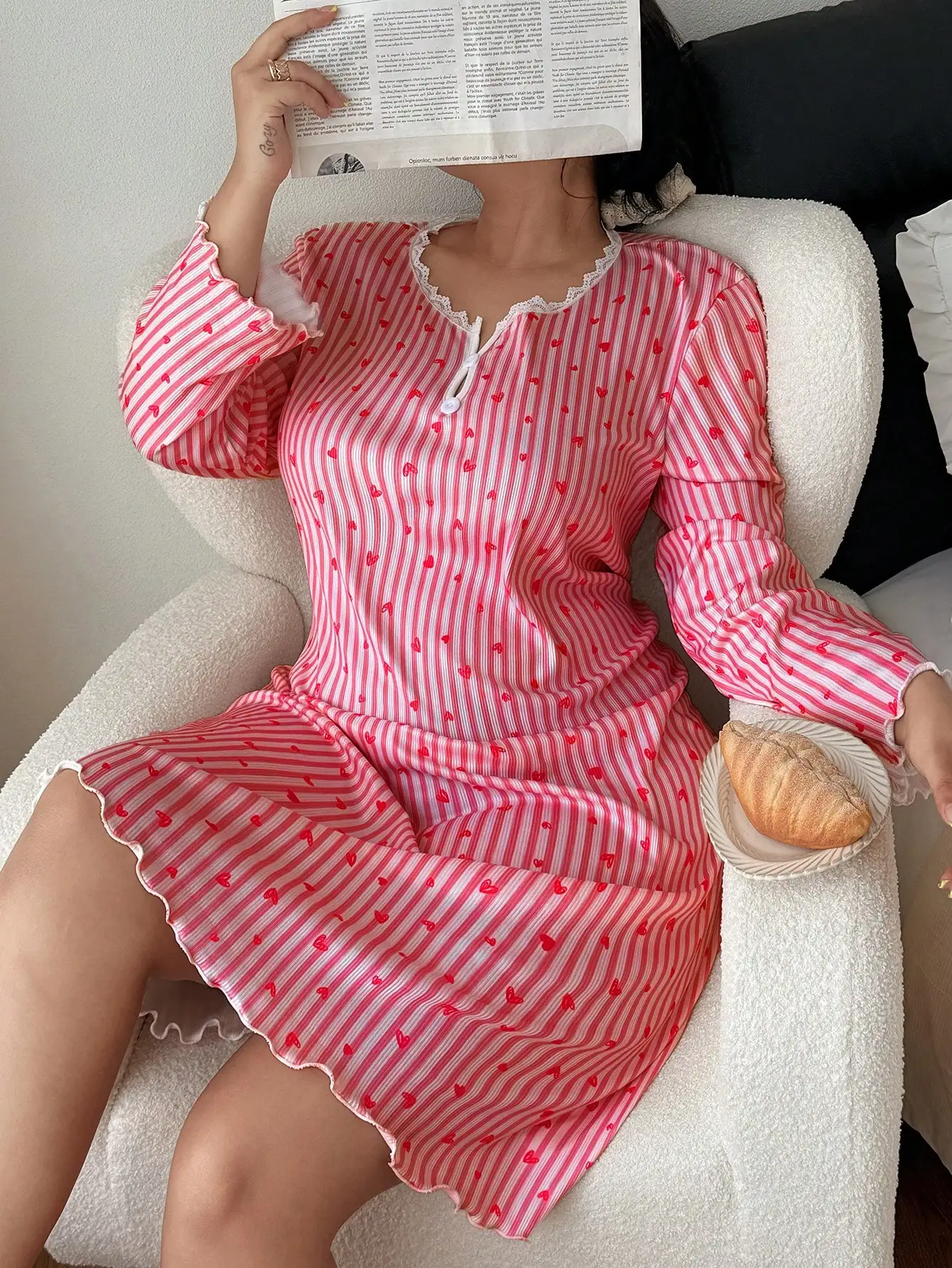 

Pink Striped Heart Print Long Sleeve Nightgown with Ruffle Cuff & Hem, Soft Knit Loungewear Dress