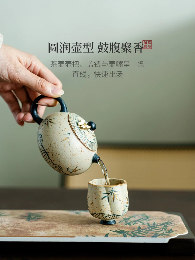 Fire Stone Red Pure Hand Drawing Bamboo Shadow Ceramic Little Teapot Household Tea Brewing Kettle Kung Fu Set Xi Shi Pot