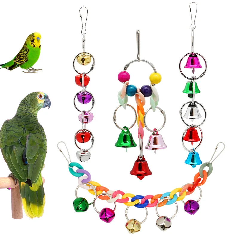 Parrot Bite Toy Bird Ring Bell Parrot Hanging Swing Chain Toy Parakeet Chew Swings Toy with Hanging Bells Bird Cage Bird Toys