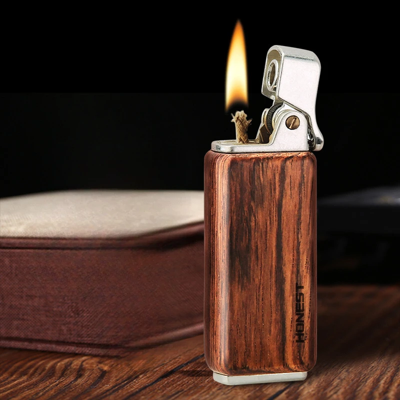 HONEST-Retro Vintage Wooden Lighter Military Cap Ejection Ignition Fuel Kerosene Lighter, Grinding Wheel Flint Gasoline Lighters