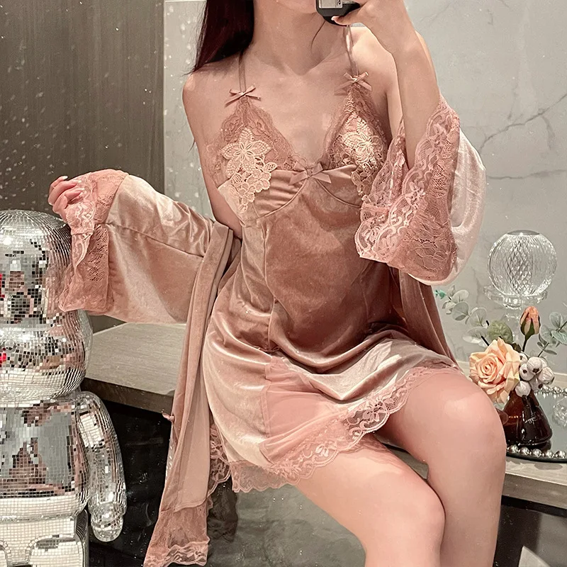 

Sexy Lace Sleeve Kimono Bath Robes Women's Night Dress Warm Velour Embroider Flower Robe Set Winter Chemise Nightgown Lingerie