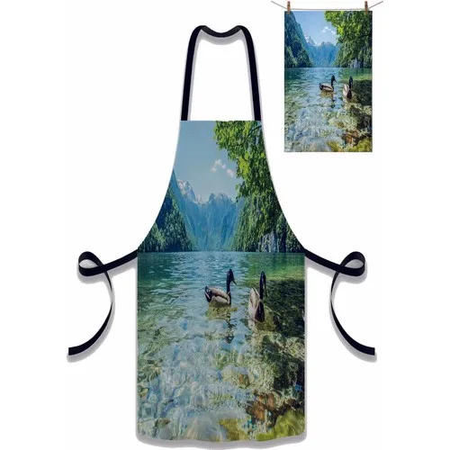 Else Carpet Else Green Duck Lake Scenery Patterned Fabric Chef Dish Kitchen Apron and Towel