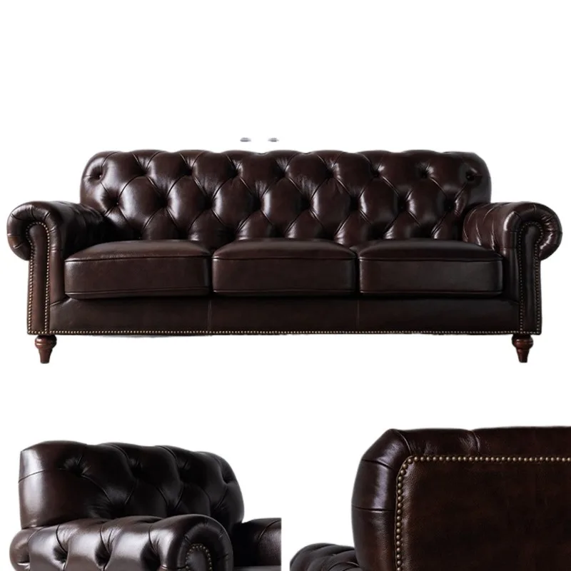 

Американский кожаный диван в стиле лайт-люкс для гостиной, трехместный, ретро, из массива дерева, кожаный диван, кожаное искусство