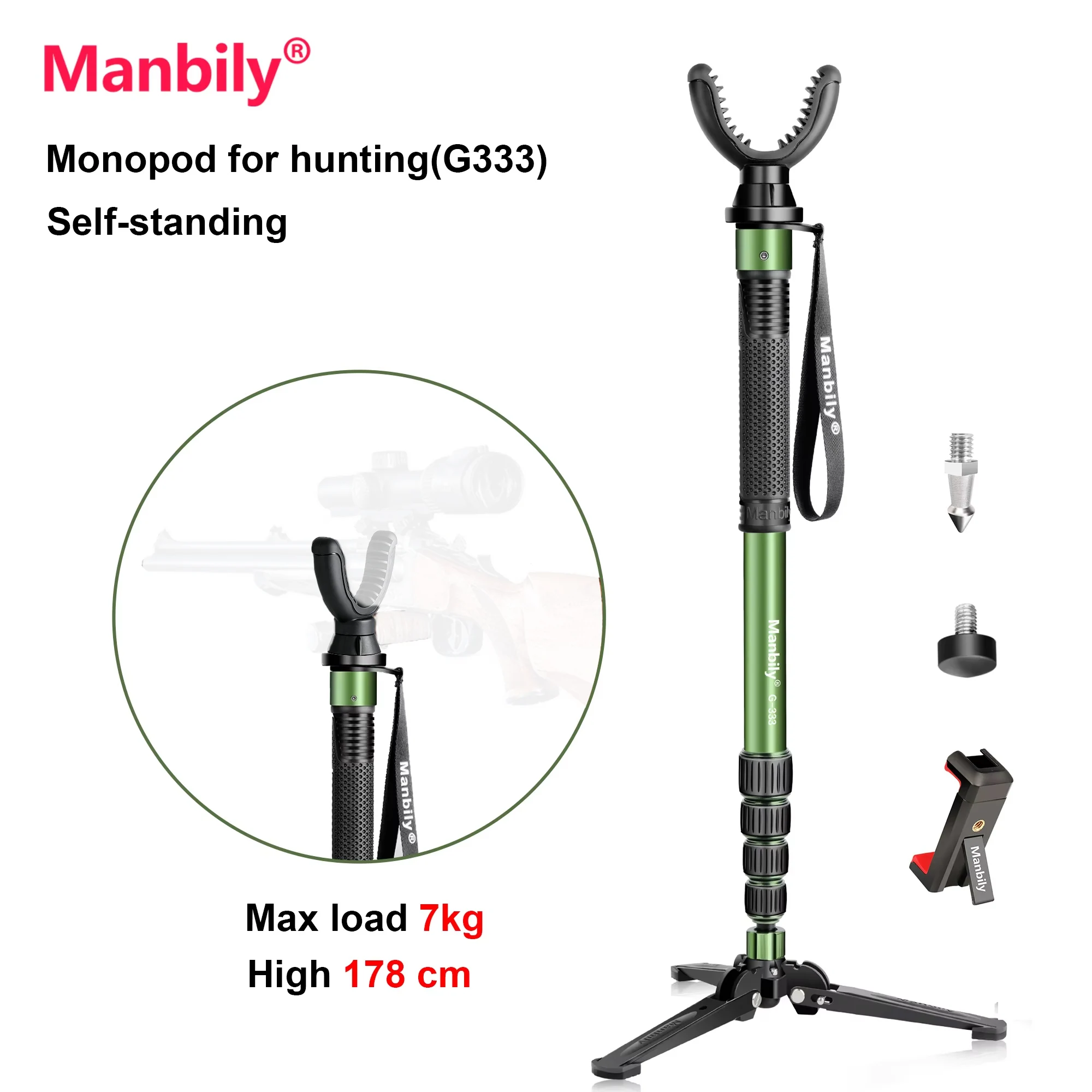 Manbily G-333 70 inch Retractable Shooting Stick Monopod For Hunting Rifle with V-Yoke Tactical Tripods Stand Base Max 10KG