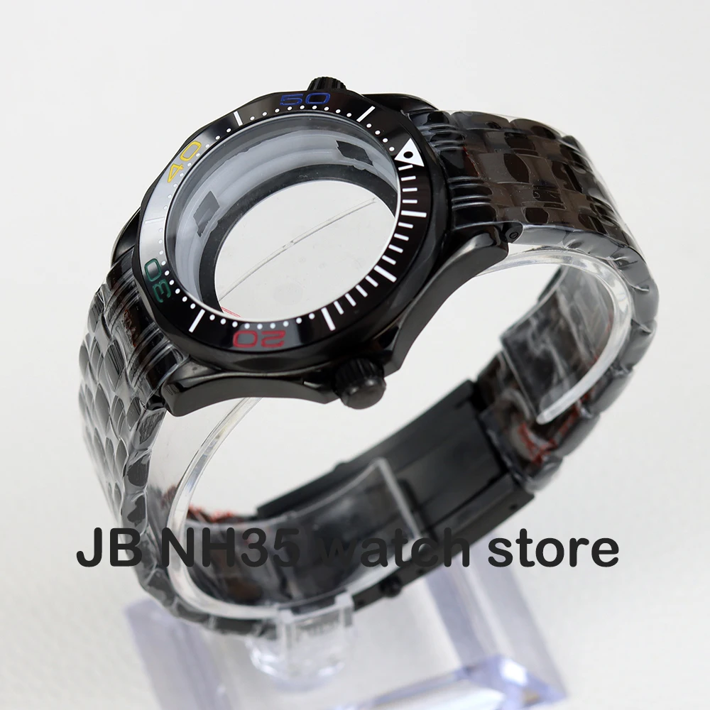 Cassa e bracciale nero NH35 da 41 mm per movimento Seamaster 300 mod NH35 NH36 Quadrante da 31 mm Cassa dell'orologio posteriore trasparente in acciaio inossidabile