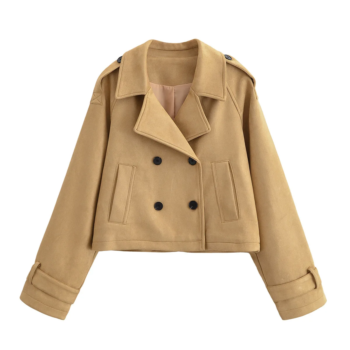 

KICRKJ 2026 Women Spring Woollen Coat Doouble Breasted Lapel Collar Khaki Lady Suede Jacket Commuting Casual Female's Pilot Coat