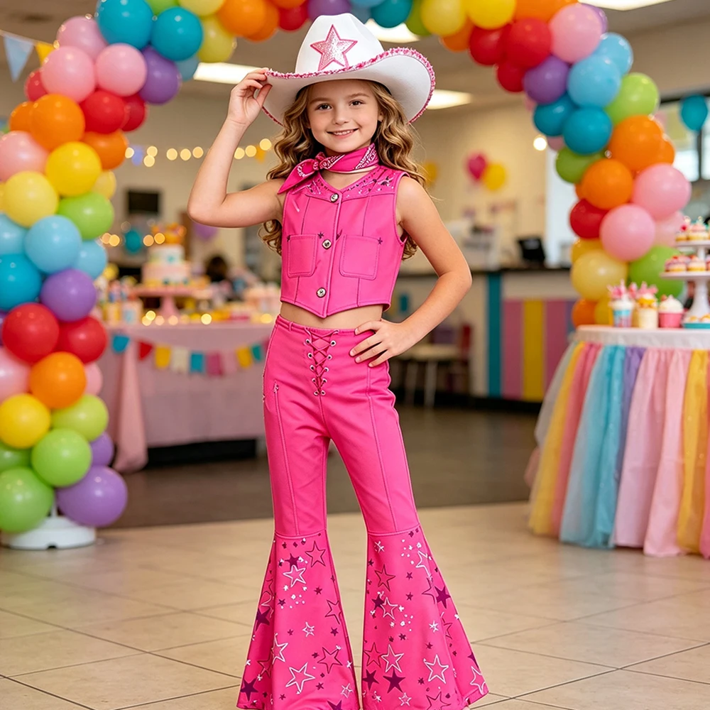 Rosa Cowgirl-Kostüm für Mädchen, Outfit-Set mit Cowboyhut, Weste und Hose, Bandana, Halloween-Kostüme, Geburtstagsparty, Cosplay – Detail 10