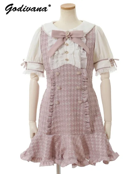 

Spring Summer Short Sleeve Liz Dress Japanese Lolita Style Mine Mass-Produced Sweet Girl Bow Grid Slim Patckwork Ruffled Dress