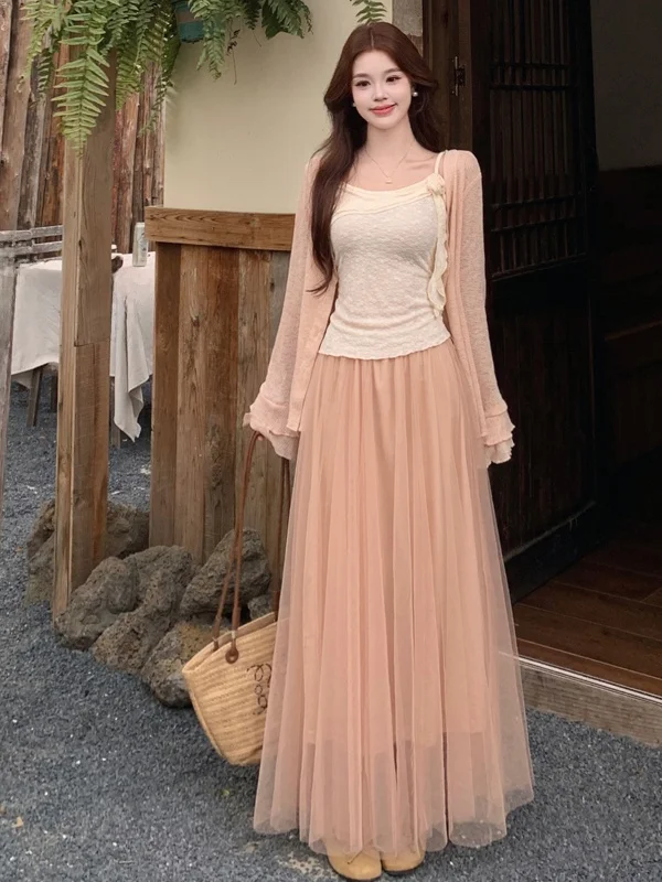 

plus Size Summer New Gentle Style Open Cardigan Top with Lace Trim Tank Vest High Waist Skirt Women Fashion Set