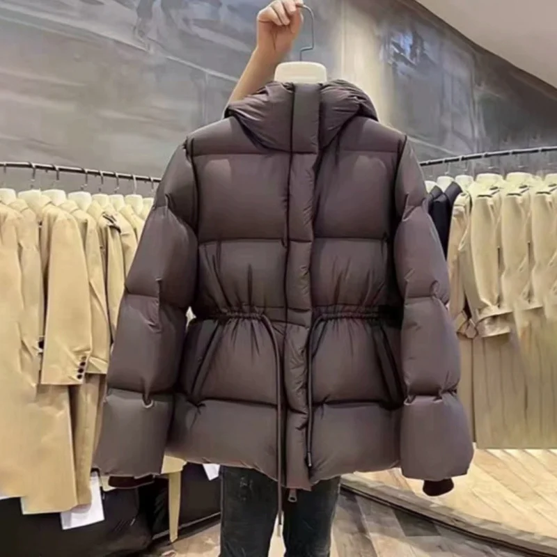

Elegant Drawstring Cotton Jacket Women Winter Thick Hooded Warm Coat Fashion Stand Up Collar Zipper Loose Versatile Outwear