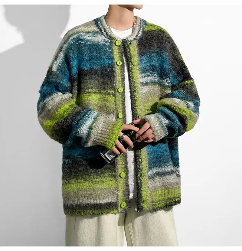 2024 Men Striped Sweater Casual Elastic Cardigan Men Harajuku Patchwork Knitted Warm Top Fashion Brand Male Jumper Clothes