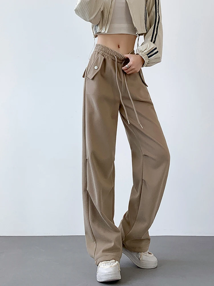 

Women's Spring Autumn Streetwear Cargo Joggers - High-Waisted Straight-Leg Drawstring Sweatpants