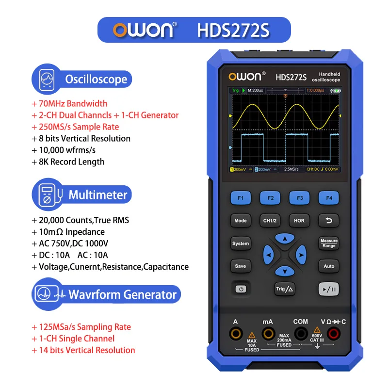 OWON HDS242S HDS272S HDS2102S HDS2202S Handheld digitale oscilloscoop 200MHz 1GSa/s 2CH+1CH Generator USB Type C 3,5 inch 14 bits