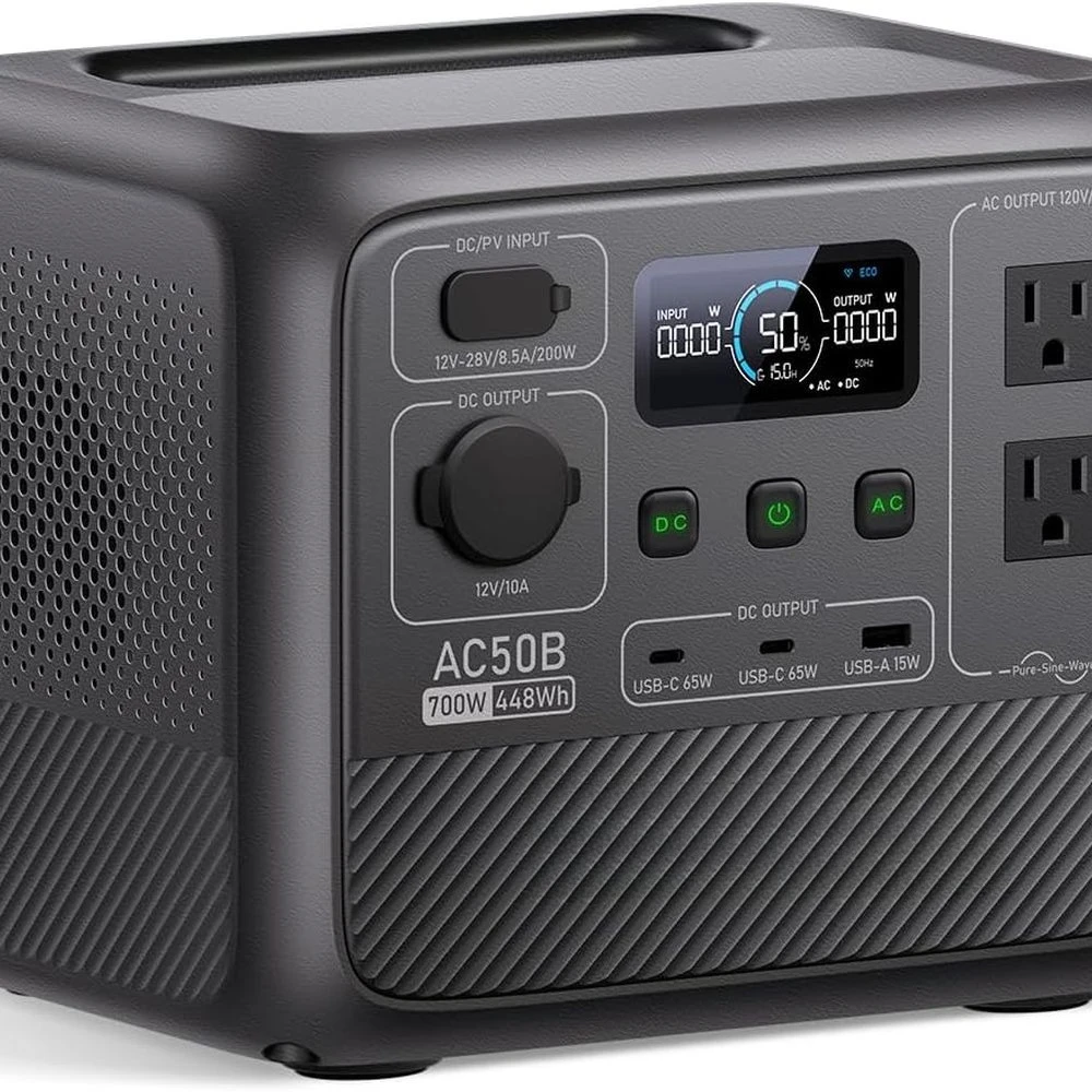 محطة طاقة محمولة AC50B، مولد طاقة شمسية 448 وات في الساعة LiFePO4 بطارية احتياطية مع 2 منافذ تيار متردد 700 وات (رفع طاقة 1000 وات)، 0-80% بوصة