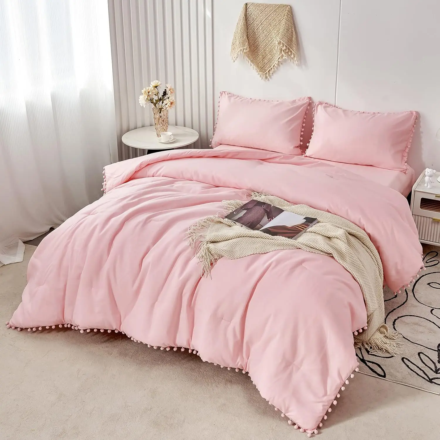 

5-Piece Pink Pom Pom Comforter Set Twin Size, Boho Fringe Bedding with Sheets for Girls Kids