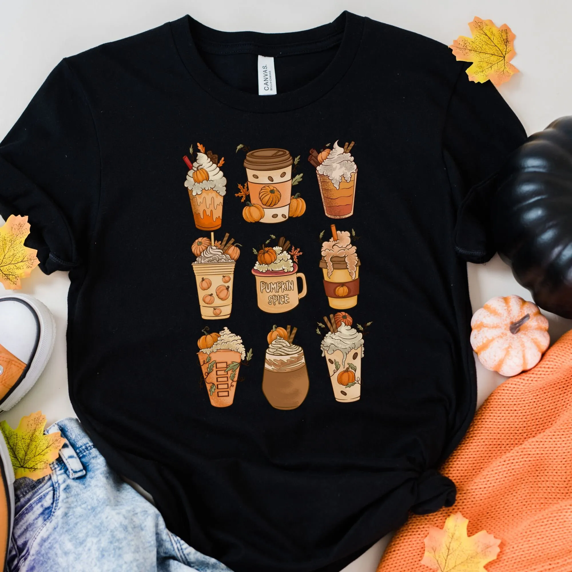 

Fall Coffee T Shirt Pumpkin Spice Latte Cute Halloween Drinks Lover Thanksgiving Trendy Tee