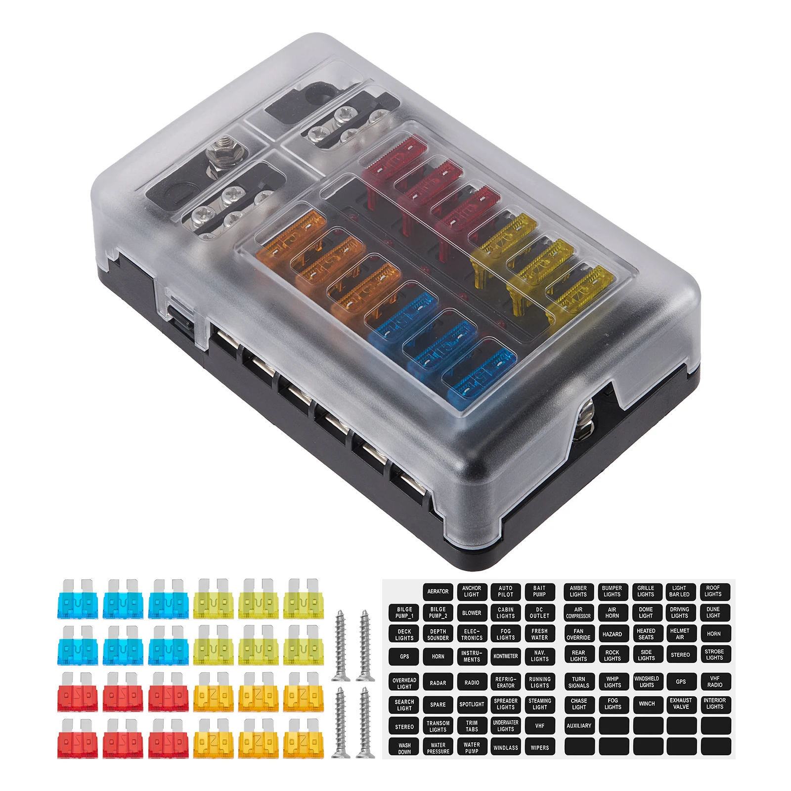 12V 12-Way Car Fuse Box with Negative Bus Bar & Red LED Indicator, Fuse Holder for Car RV Boat Marine