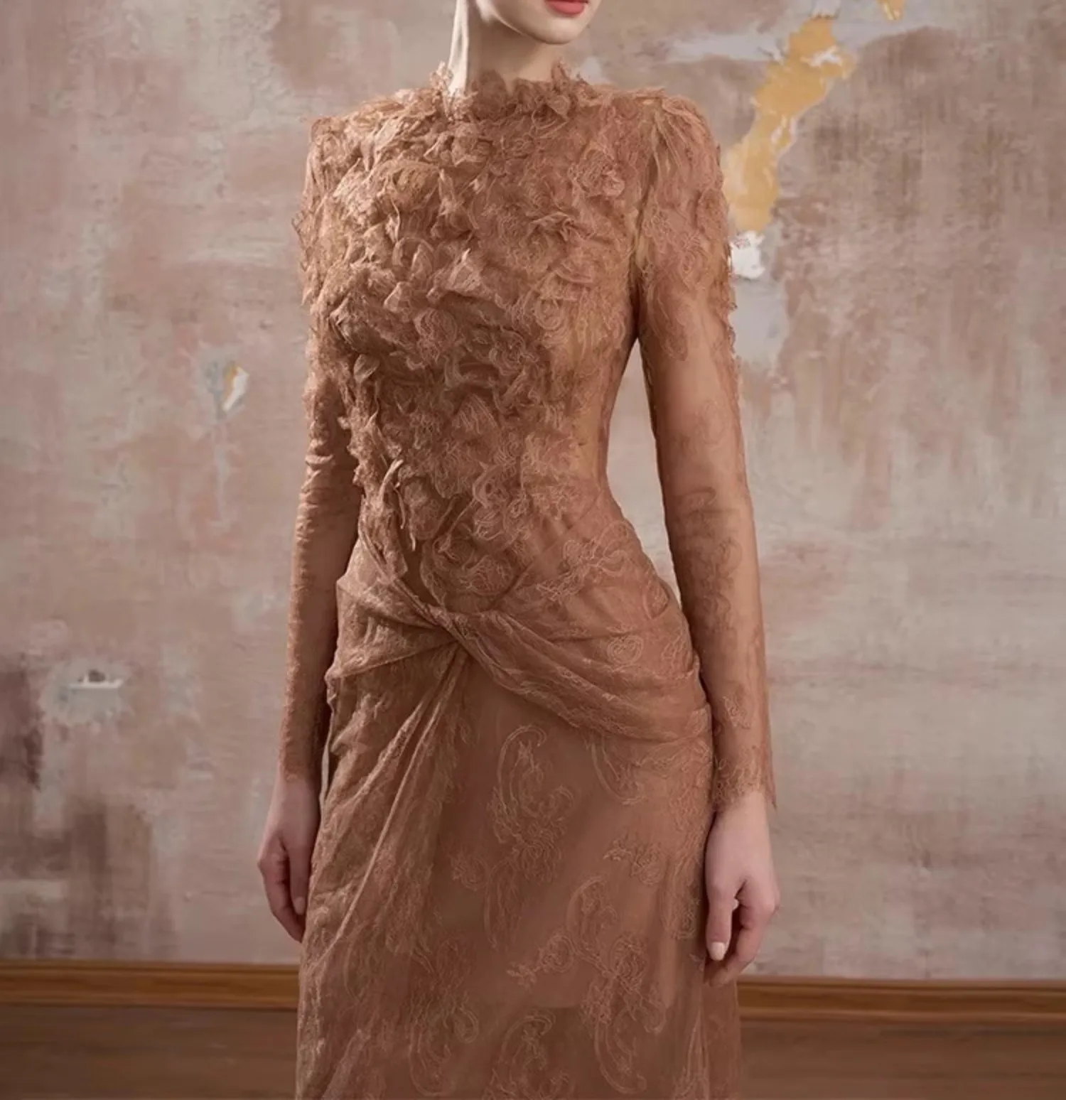 Robe Maxi en dentelle marron pour femmes, manches longues, taille haute, élégante, Vintage, moulante, col rond, vêtements Design de piste pour dames