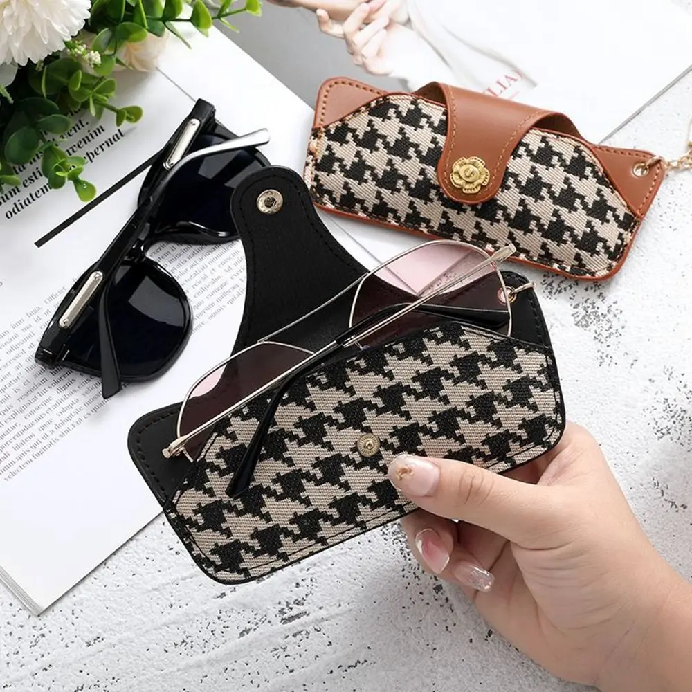 Fashion Leather Hanging Buckle Glasses Box Portable Houndstooth Glasses Storage Travel Sunglasses Pouch Eyewear Protector Case