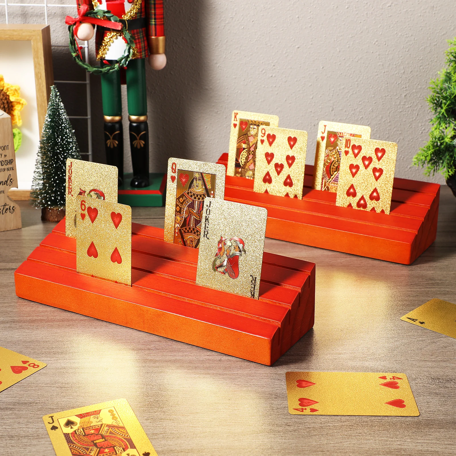 

Wooden Playing Card Holder Brown Pine Wood Base Slotted Design Game Tray Deck Stand Poker Entertainment