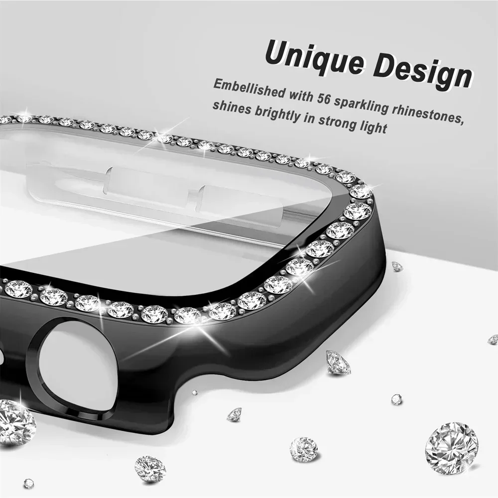 Стекло + алмазный чехол для Apple Watch, чехол 46 мм, 42 мм, 40 мм, 44 мм, 41 мм, 45 мм, блестящий защитный бампер iWatch Series 11-10 9 se 5 6 7 8