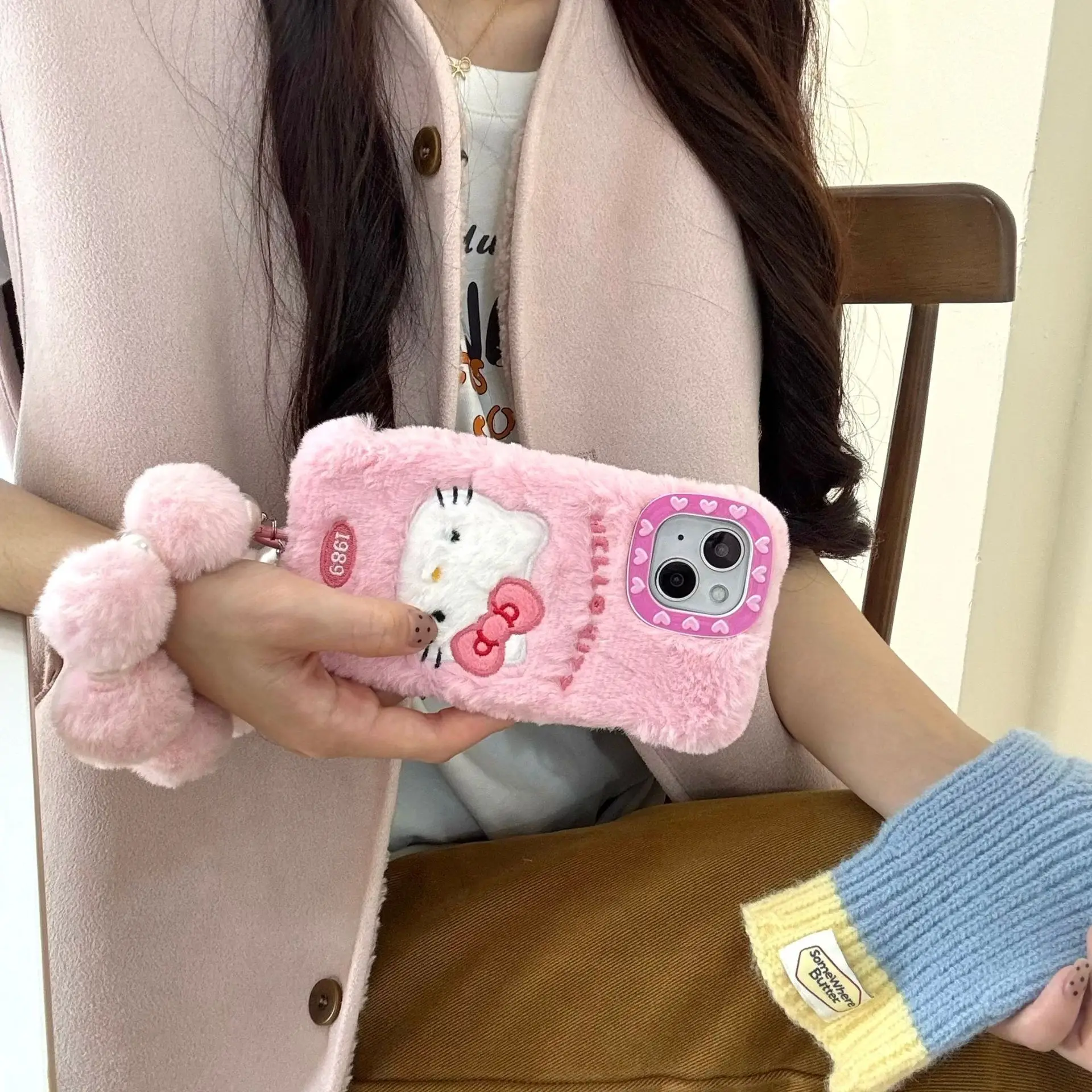 Cute Hello Kitty Embroidery With pendant Phone Case For Iphone 16 15 14 13 Promax Y2k Sweet Girl Phone Protective Cover