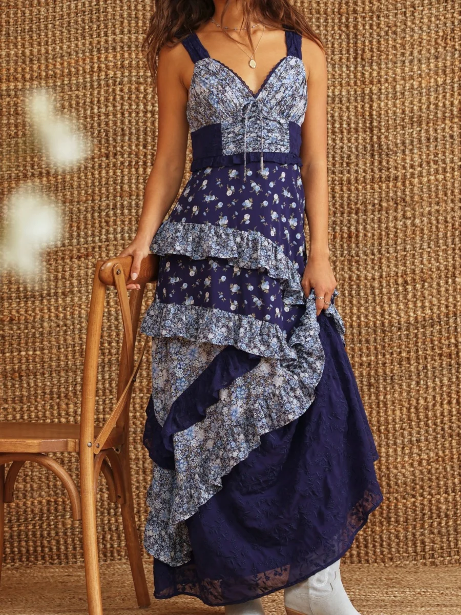 Women Y2k Floral Patchwork Dress Boho Ruffle Smocked Maxi Dress Sleeveless Flowy Summer Beach Sundress 90s 00s Vintage Clothes