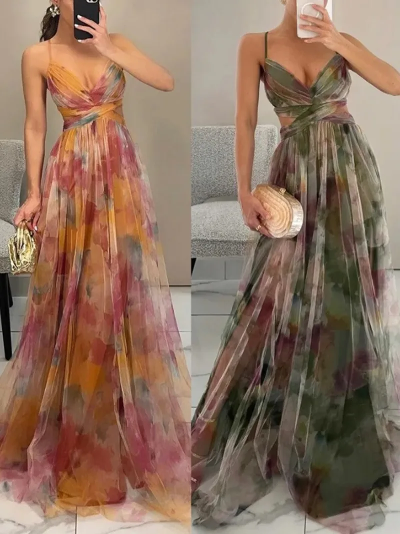 Sexy Hollow Out Party Dress, Women Summer Loungewear Fashion Printing Maxi Dress, Sleeveless Lace-Up Ladies Dress Vestido T64F