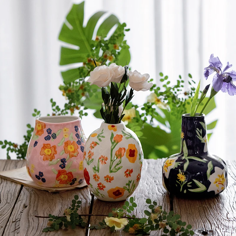 Dercoration Vases American Hand-Painted Ceramic Hand Pinch Flowers Vases Flower Arrangement Vintage Decor Living Room Ornaments