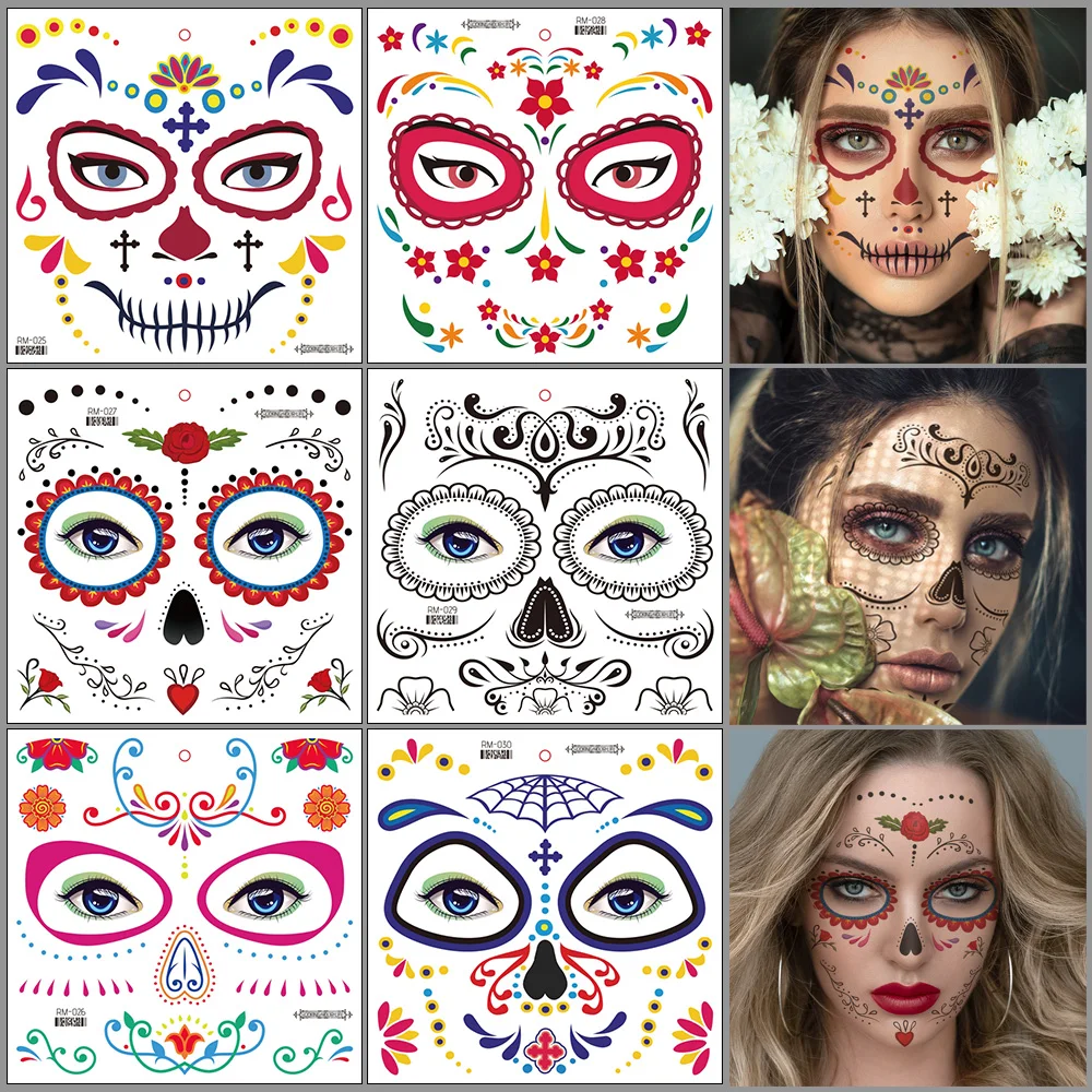 Halloween Day of the Dead Sugar Skull Face Temporary Tattoos-4 Sheets, Dia de los Muertos Floral Skeleton Face Tattoo Stickers