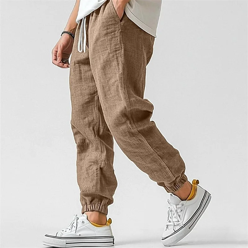 

Mens Linen Cotton Casual Trousers Elastic Waist Straight Leg Solid Color Breathable Ankle Pants High Quality
