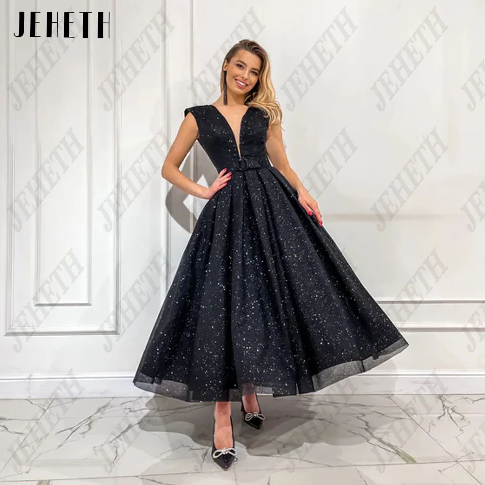 JEHETH Modern Black Evening Dresses For Woman Sleeveless Glitter Tulle A-Line Prom Dress Ankle Length فساتين سهره فاخره 2023