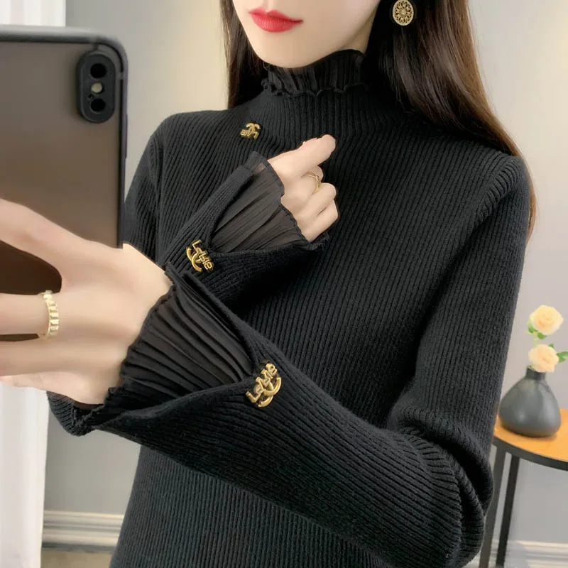 Autumn Winter New Lace Edge Half High Collar Knit Pullover Women Clothing Fashion All-match Solid Slim Sweaters Lady Elegant Top