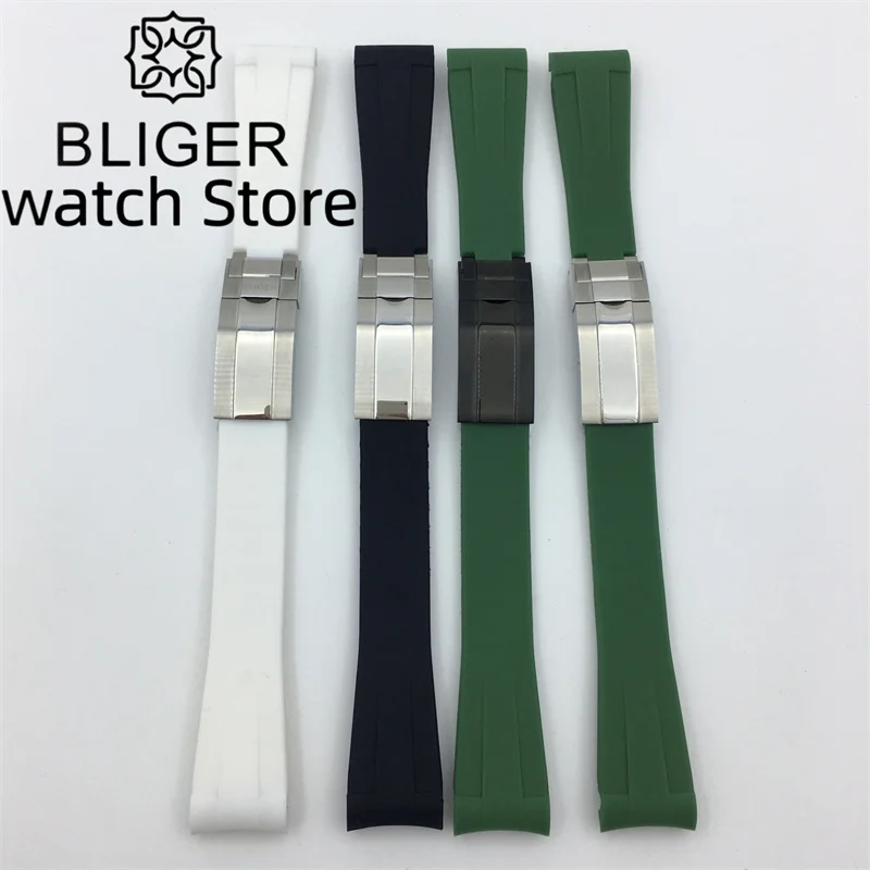 BLIGER 20mmBlack Blue Green White Red Pink Orange  rubber strap with rose gold black silver gold stainless steel folding buckle