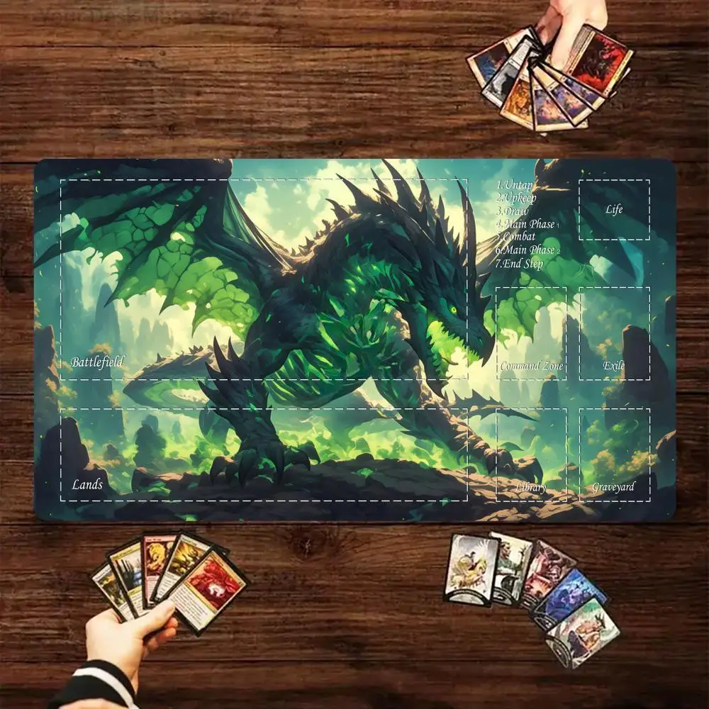 Magic Card Playmat with Zone Green Giant Dragon Mtg Playmat Non-Slip Durable Stitched Edge Desk Mat Tapete Magic Mtg