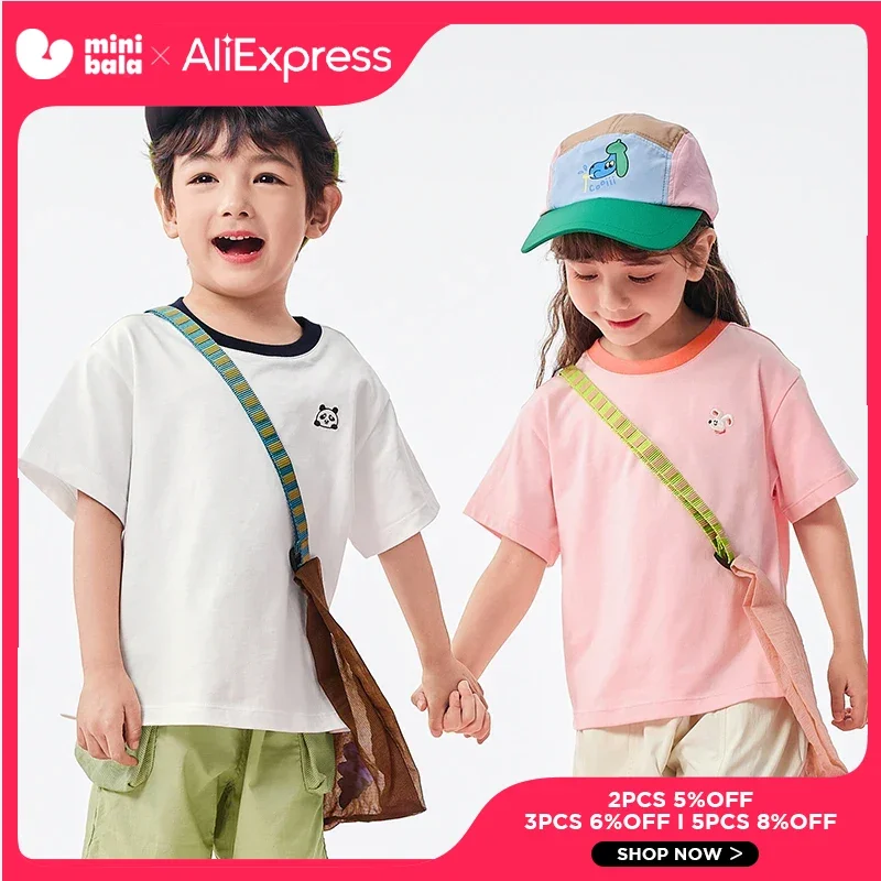 

Balabala Children Short-Sleeve T-shirt Boys Girls 2024 New Summer Pure Cotton T-shirt Top Color-Blocking