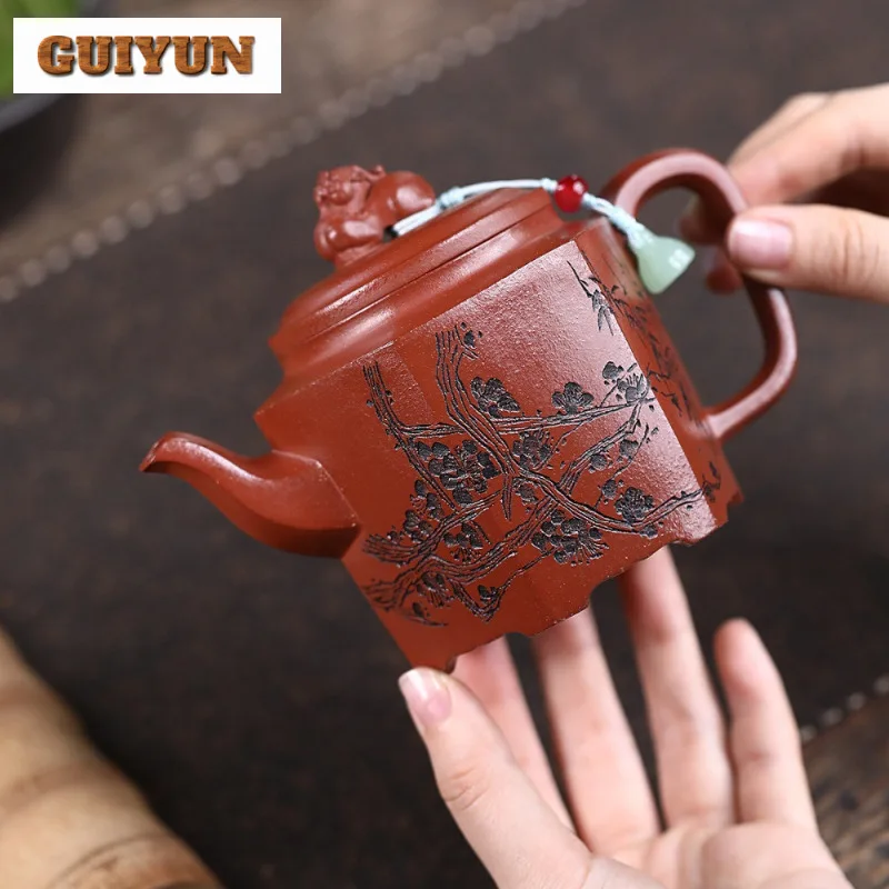 

300ml Yixing Purple Clay Teapots Handmade Hexagonal Plum Blossom Pot Raw Ore Downhill Mud Tea Soaking Kettle Zisha Tea Set Craft