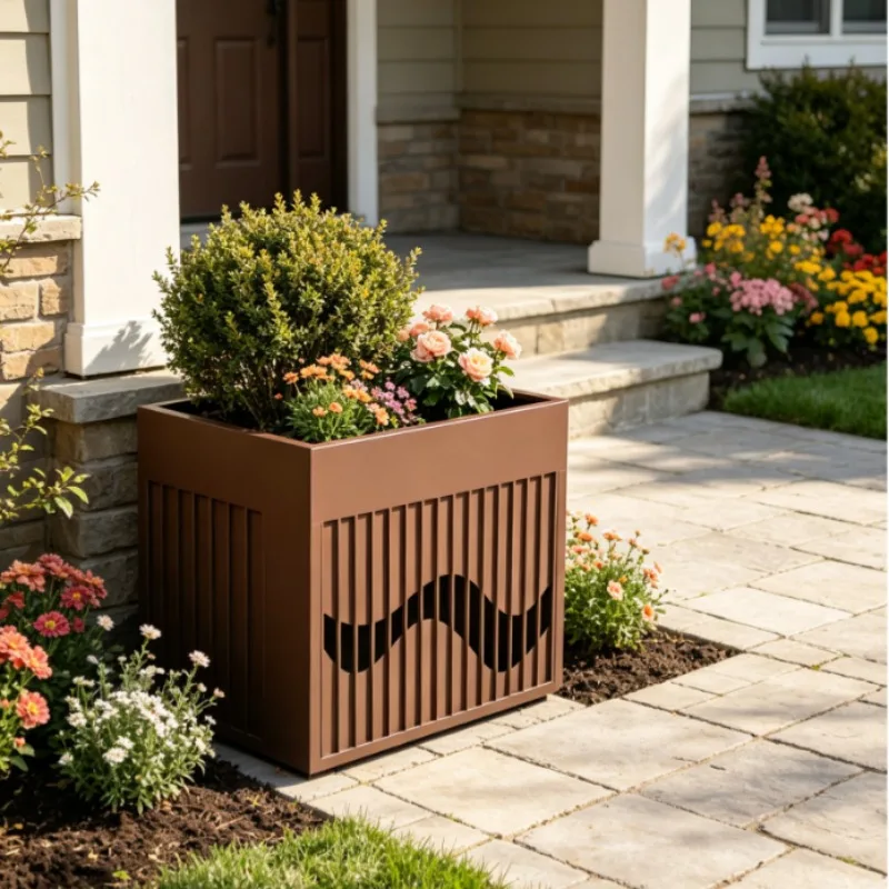 Long Rectangular Metal Plant Growing Container Vertical Strip Cutout Wave Hollow Pattern Outdoor Patio Planting Vessel