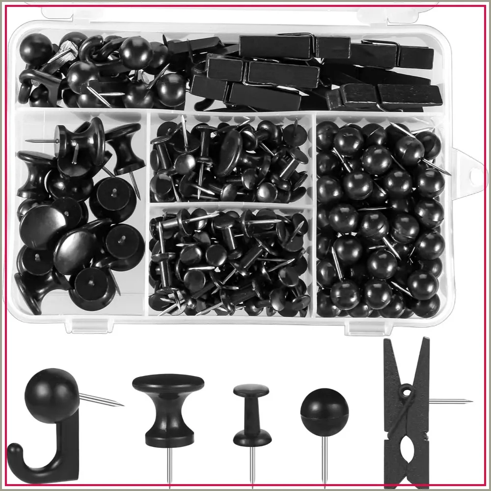 200 Pcs Push Pins for Bulletin Board, Thumb Tacks Black Pushpins for Cork Board, 5 Style Thumbtacks for Wall Maps Pictures Office Back to School Supplies