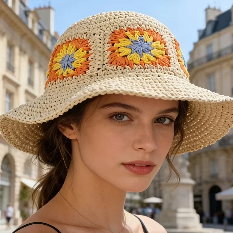 Customization 1pc Women's Summer Foldable Straw Fisherman Hat, Handwoven Natural Breathable Material With Floral Plaid Color Blo