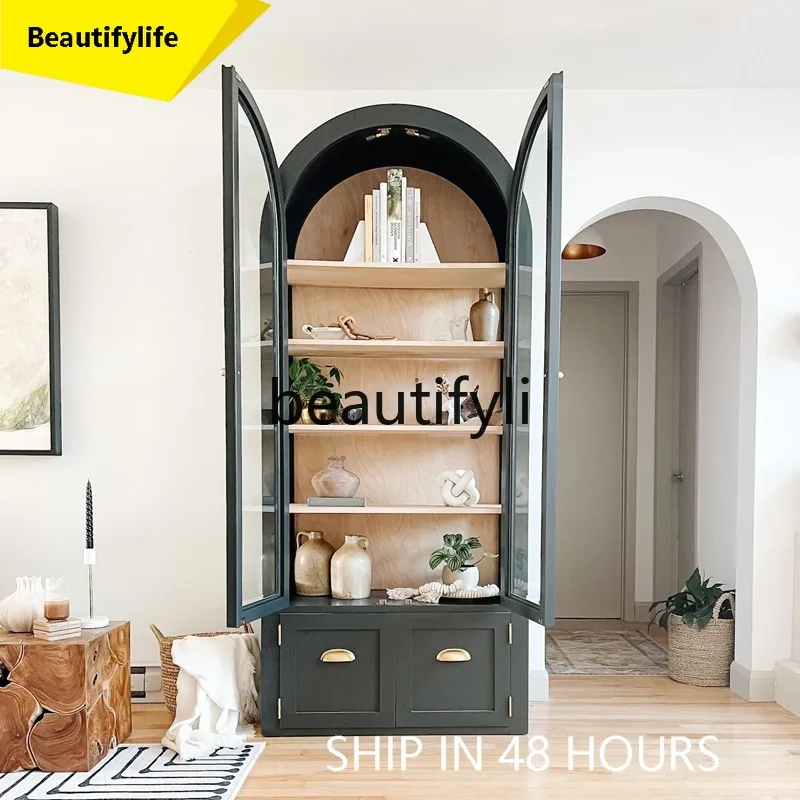 

6239 French Retro Solid Wood Bookshelf Living Room Glass Wine Cabinet Display Light Luxury Storage Cabinet