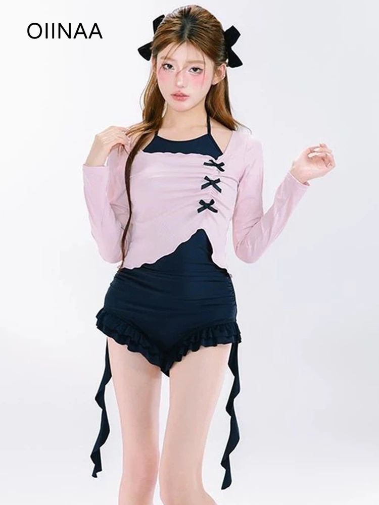 

OIINAA купальник с рюшами, женский черный боди с завязкой на шею, накидки с длинными рукавами и галстуком-бабочкой, лето 2021, корейский горячий весенний купальник