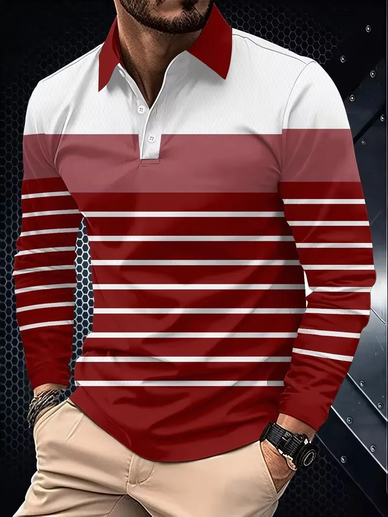 2026 autumn and winter new fashion casual men's long sleeved POIO shirt, 3D new fashion printed flip tie button men's POLO