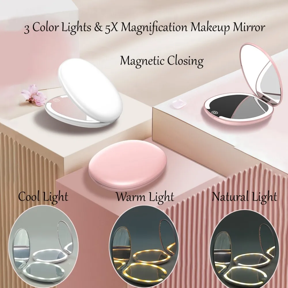 Espelho de maquiagem LED com ampliação 5x, 3 modos de cor e regulável, espelho de viagem com luzes, carregamento tipo C, liga/desliga magnético