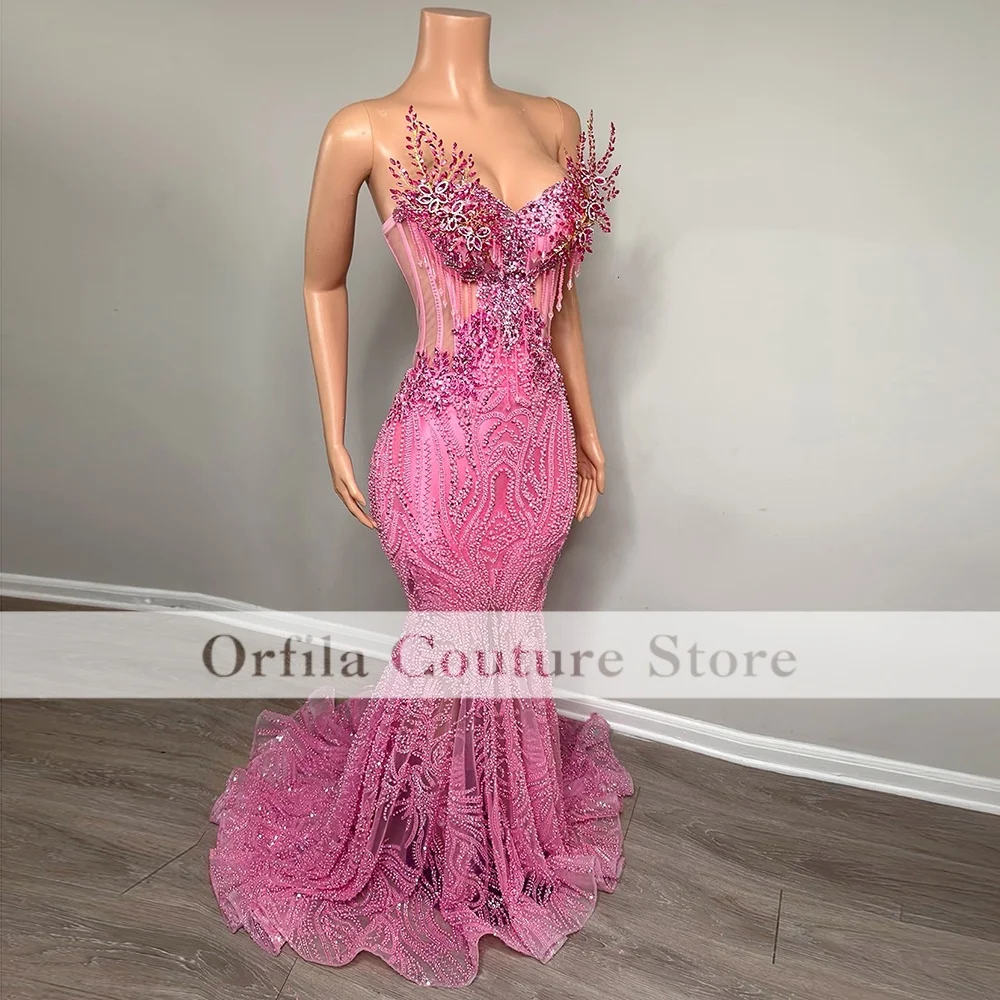 Pink Mermaid Evening Dress Crystals Beads Long Prom Dress Formal Party Gown Black Girl Birthday Dress Customized