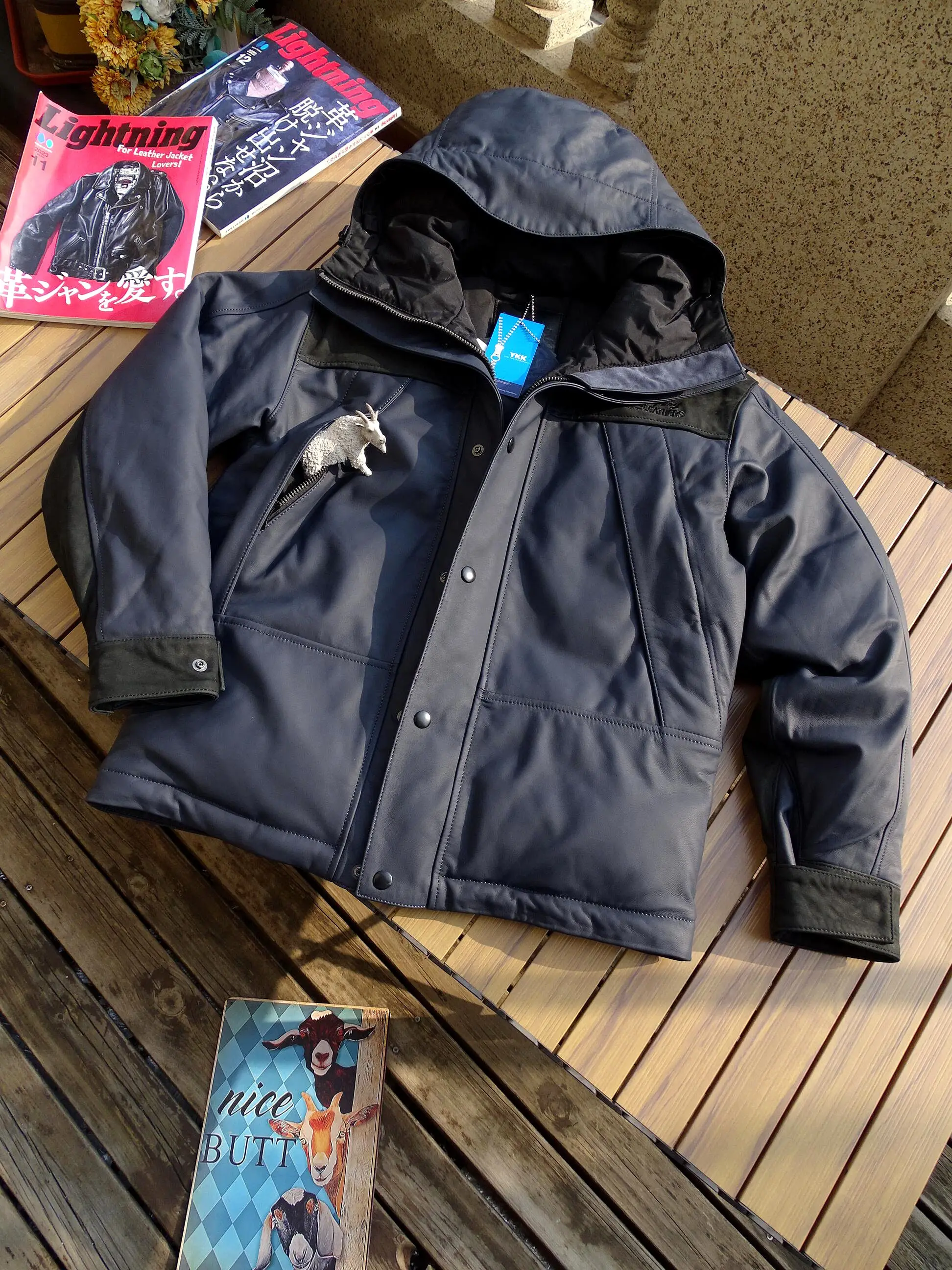 Blue Winter Hooded Leather Down Jacket Men Casual Style Europe Size Genuine Natural Sheepskin Thick Warm Spliced Coat