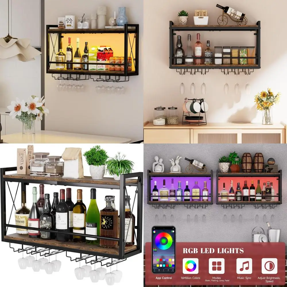 

2-Tier Rustic Wooden & Metal Wall Mounted Wine Rack with RGB LED Lights for Home Bar & Kitchen