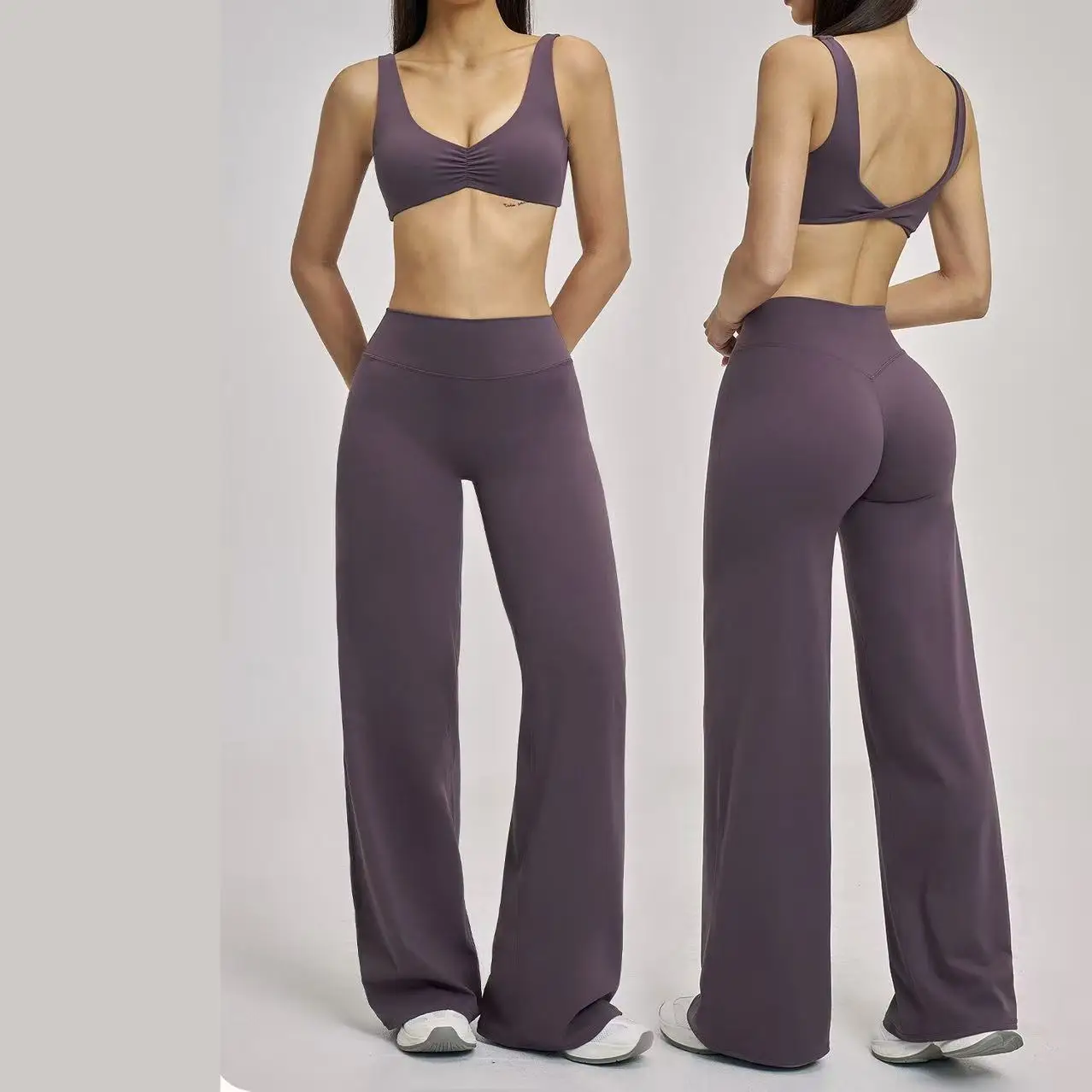 

Спортивный костюм Ningyu 2PCS: сексуальный женский комплект для йоги, быстросохнущий, для фитнеса, с глубоким V-образным вырезом, топ-бра и широкие брюки