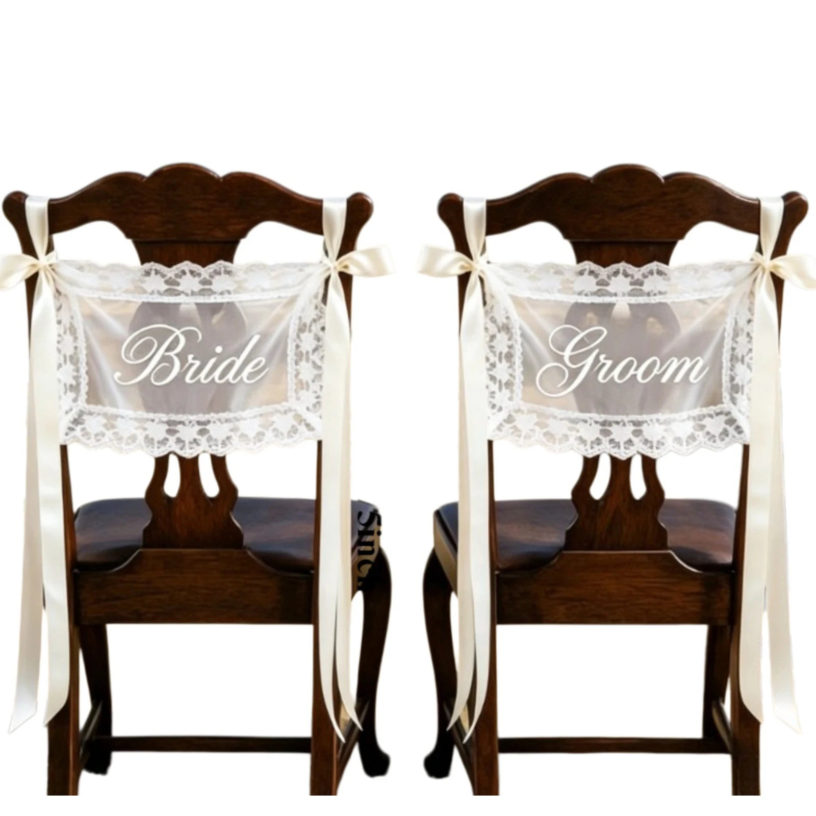 2Pcs Sheer Lace Wedding Chair Signs Reusable Newlywed Reception Chair Tags Multi Purpose for Wedding Ceremony Engagement Party